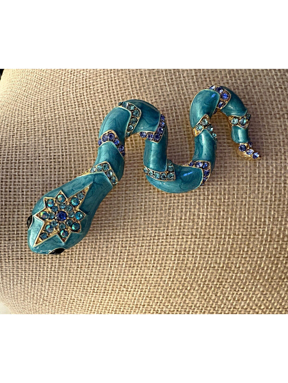 Blue Enamel Snake Brooch Rhinestones  Blue Purple Stones